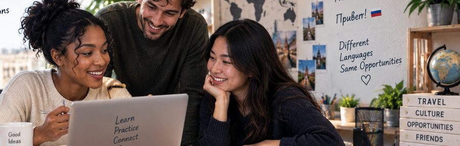Three learners smiling together while studying on a laptop