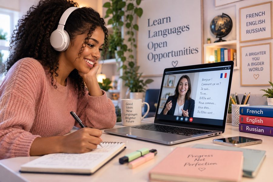 A student on a live video call with her French tutor, taking notes
